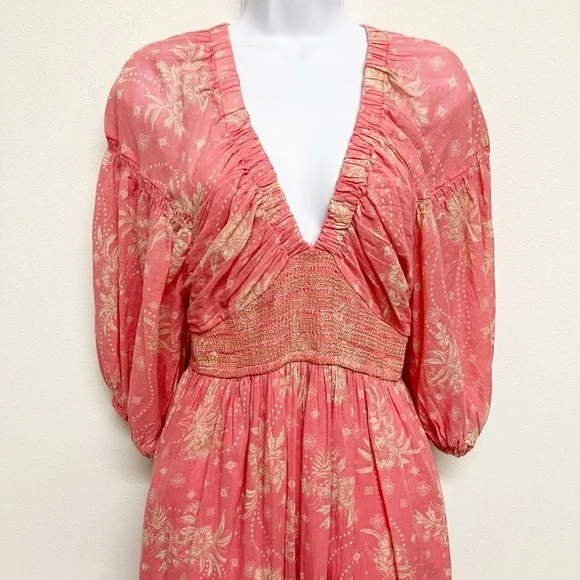 Free People Womens Electropop Pink Floral Golden Hour Smocked V Neck Maxi Dress - Picture 3 of 8